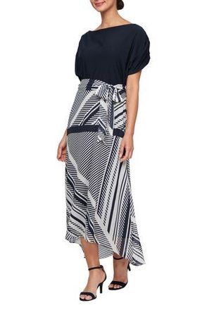 S.L. Fashions Short Sleeve Mixed Media High-Low Dress in Navy Multi at Nordstrom Rack, Size 6