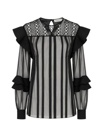 Lanvin Black Ruffles Embroidered Guipure Lace Silk Blouse