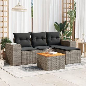 vidaXL Juego De Sof&aacute;s Jard&iacute;n Con Cojines 5 Pzas Rat&aacute;n Sint&eacute;tico Gris Vidaxl
