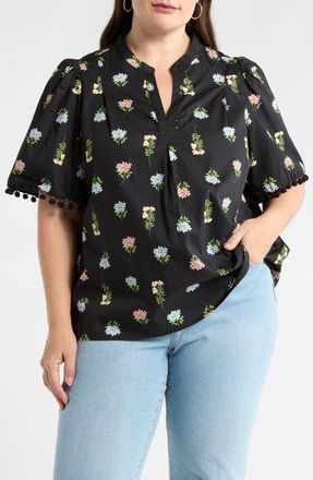 Sugarlips Floral Pompom Cotton Top in Black-Coral-Green at Nordstrom, Size 1X