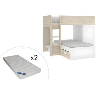 Vente-Unique Vente-unique - Letto a castello ad angolo reversibile - Vani portaoggetti integrati 2 x 90 x 190 cm Rovere e Bianco + materasso - ricardo