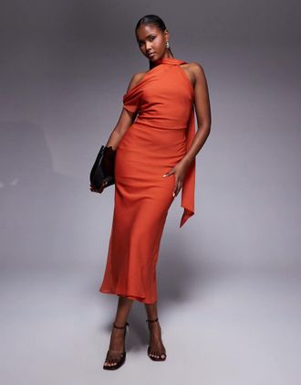 Asos Vestito midi rosso con spalla scoperta e sciarpa