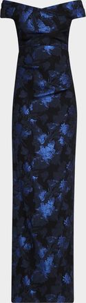 Teri Jon Off-Shoulder Metallic Jacquard Column Gown