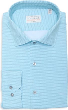 Perry Ellis Slim Fit Geometric Print Performance Tech Dress Shirt in Azzuro at Nordstrom Rack, Size 17 - 36/37
