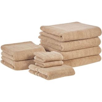 Beliani Beliani - Conjunto De 9 Toallas De Algod&oacute;n Beige Arena Chevron Textura Suave Ba&ntilde;o Mitiaro