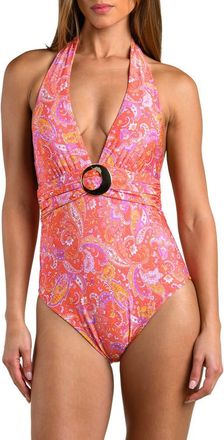 Sunshine 79 Paisley Daze Halter One-Piece Swimsuit in Orange Multi at Nordstrom, Size 10