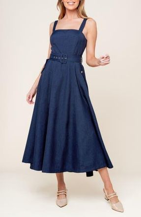 Flying Tomato Square Neck Belted Fit & Flare Midi Dress in Navy at Nordstrom Rack, Size Medium