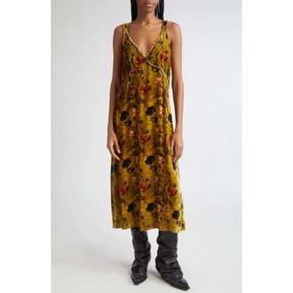 R13 Grunge Floral Velvet Midi Dress in Ochre Floral at Nordstrom, Size Medium
