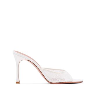 Amina Muaddi Schoenen, Dames, Wit, 38 1/2 EU, Hoge Hakken met Open Vierkante Neus en Kant