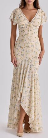 House of CB Amina Floral Georgette High Low Cocktail Dress in Lemon Floral at Nordstrom, Size X-Large