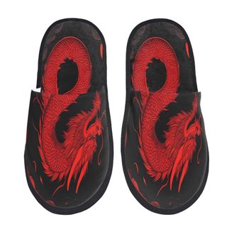 Generic Hotel Slippers Red Dragon On Black Non-Slip Camping Slippers Warm Cotton Slipper For Winter Indoor Room L