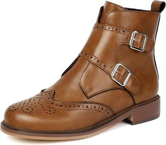 Generic Womens Buckle Straps Western Cowgirl Ankle Boots Side Zipper Round Toe Low Block Heels Perforated Brouge Wingtip Shoes (Yellow,5.5)