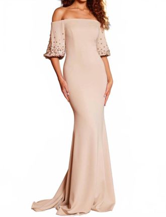 Jovani Off Shoulder Floral Sleeve Gown In Champagne