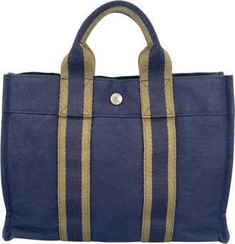 Herm&egrave;s Navy Canvas Handbag Tote Bag (Pre-Owned)