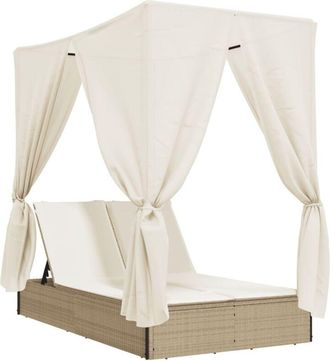 vidaXL Tumbona Doble Con Techo Y Cortinas Rat&aacute;n Sint&eacute;tico Beige Vidaxl