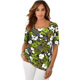 Jessica London Stretch Cotton Square Neck Tee in Dark Lime Layered Flowers at Nordstrom, Size 24