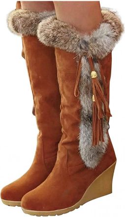 Generic Wide Calf Knee High Boots,Fur Lined Boots Women,Wedge Winter Snow Boot for Women,Casual Boho Suede Fur Thermal Wide Calf Boot, High Top Snow Booties W