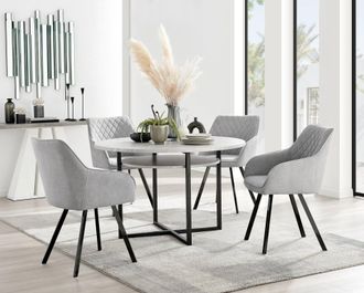 Furniturebox Adley Grey Concrete Effect Round Dining Table & 4 Falun Black Leg Fabric Chairs in Light Grey