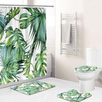 OEM Cortina De Ducha Antideslizante Con Estampado De Plantas Tropicales Verdes, Alfombrilla De Ba&ntilde;o, Paisaje Floral Y De Hojas, Tapa De Inodoro, Juego De 