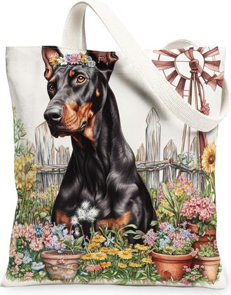 Generic Spring Doberman Dog Canvas Tote Bag for Shopping 13x15, Farmhouse Country Puppy Reusable Grocery Print Bag for Women, Farm Pet Beach Aesthetic Paintin
