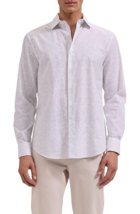 Bugatchi Axel Shaped Fit Geo Print Cotton Button-Up Shirt in White at Nordstrom, Size Xxx-Large