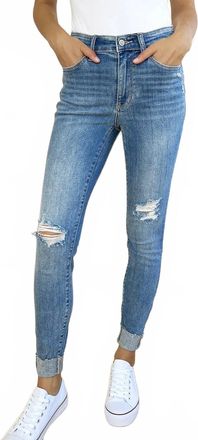 Judy Blue Mid Rise Destroy And Cuff Skinny Jeans In Medium Wash