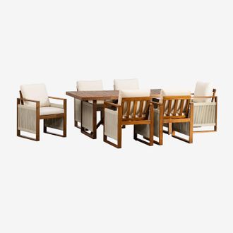 Sklum Sklum - Set Mesa Rectangular (200x100 Cm) Y 6 Sillas De Comedor Con Reposabrazos En Madera De Acacia Nayely