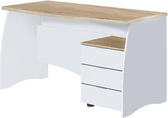 Dmora Scrivania Azziz, Scrittoio da ufficio, Tavolo da studio porta PC con 3 cassetti, 136x67h74 cm, Bianco e Rovere