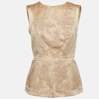 Bcbgmaxazria Bcbgmaxazria Beige Satin Sleeveless Peplum Top