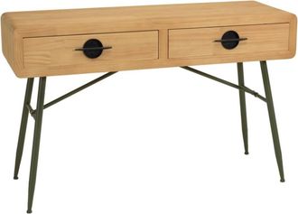 Macabane Consola 2 cajones de pino color natural y patas de metal verde