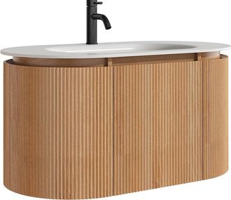 Vente-Unique Mueble de ba&ntilde;o suspendido estriado en madera de fresno con lavabo encastrado y grifo - Natural claro - An. 90 cm - LILIKO