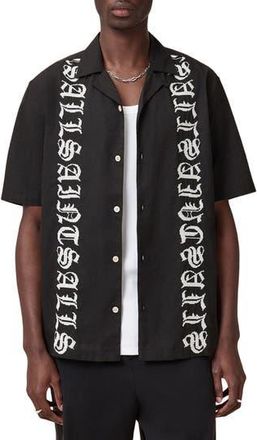 AllSaints Scripture Embroidered Short Sleeve Cotton Button-Up Shirt in Faded Black at Nordstrom Rack, Size Medium