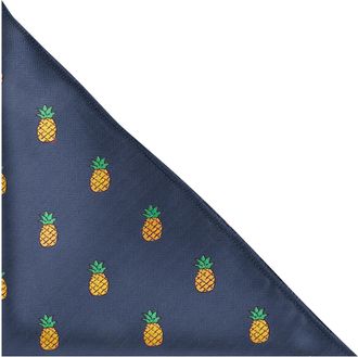 King & Priory Pineapple Navy Blue Herringbone Embroidered Pocket Square, Handkerchief