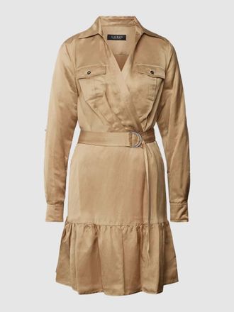 Lauren Ralph Lauren Knielanges Hemdblusenkleid in Wickel-Optik aus Viskose-Leinen-Mix in Camel, Gr&ouml;&szlig;e 34