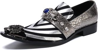 Generic Mens Genuine Leather Dress Loafers Slip On Shoes with Metal Pointed Toe - Black Gold Pattern Formal Shoes for Prom Stage Wedding Luxury Party (Silver,