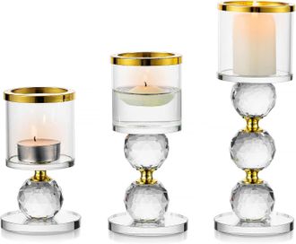 OEM 3 Portavelas De Cristal Dorado, Candelabros De Cristal Transparente Para Bodas