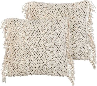 Beliani Conjunto De 2 Cojines De Algod&oacute;n Con Relleno Macram&eacute; Patr&oacute;n Boho Flecos 45 X 45 Cm Beige Pattan