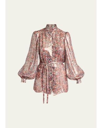 Valentino Garavani Metallic Floral Balloon-Sleeve Button-Down Shirt