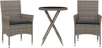 vidaXL Mesita Y Sillas Con Cojines 3 Pzas Rat&aacute;n Sint&eacute;tico Vidrio Gris Vidaxl