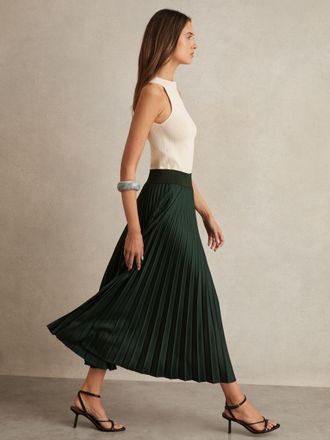 Reiss Dark Green Pleated Midi Skirt, 12