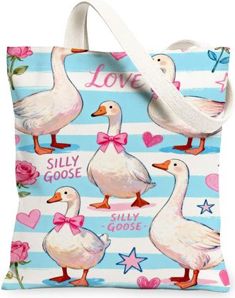 Generic Silly Goose Canvas Tote Bags, Cute Animal Floral Reusable Grocery Bags, Spring Vintage Lightweight Washable Shoulder Strap, Blue, 13x15 Inch