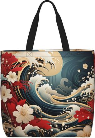 Generic Waves And Flowers Shopping Bag Foldable Women Handbag Durable Shopping Bags For Work Camping Casual