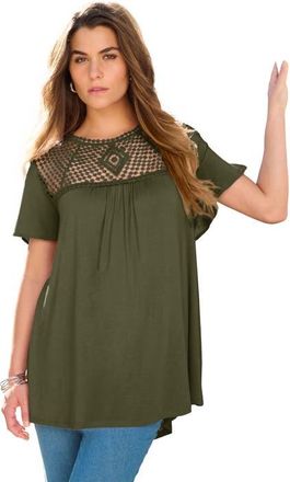 Roaman's Plus Size Lace Yoke Pleated Tunic in Dark Olive Green at Nordstrom, Size 16