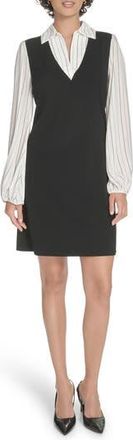 Tommy Hilfiger Pinstripe Long Sleeve Twofer Dress in Black Ivory at Nordstrom Rack, Size 14