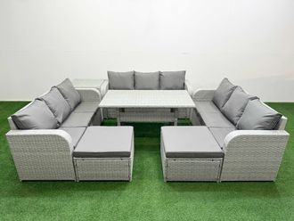Fimous PE Rattan Lounge Sofa Set 11 Seater Outdoor Garden Furniture Set w/ Rectangular Dining Table 3 Seater Sofa 2 Big Footstools Side Table Light