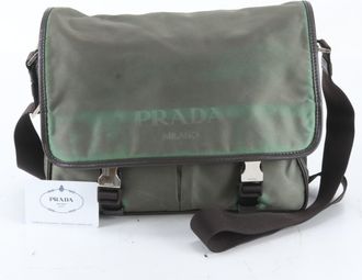 Prada Green Leather Nylon Messenger Bag Shoulder Bag (Pre-Owned)