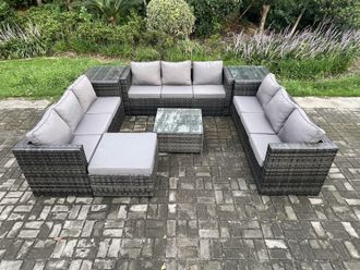 Fimous Outdoor Rattan Garden Furniture Set 10 Seater Patio Lounge Sofa Set with 2 Side Tables Square Coffee Table Big Footstool in Dark Grey