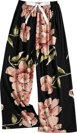 Generic Womens Pajama Bottoms Drawstring Elastic Waist Cropped Trousers Floral Printed Wide Leg Lounge Pants Casual Loose Fit Comfortable Sleep Pants for All 