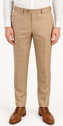 Berle Tan Windowpane Check Flat Front Wool & Silk Blend Dress Pants at Nordstrom, Size 38