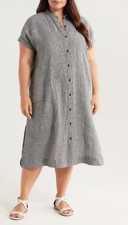 Eileen Fisher Pinstripe Short Sleeve Organic Linen Shift Dress in Black/White at Nordstrom Rack, Size 3X